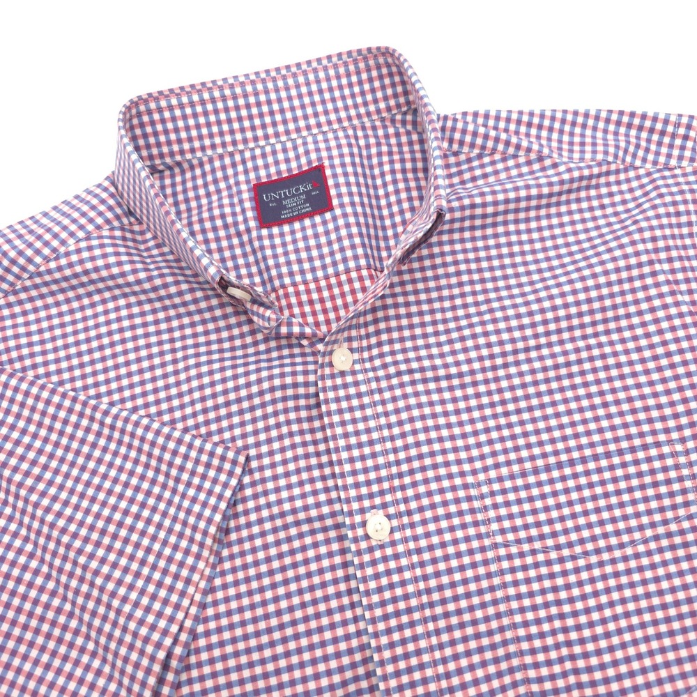 UNTUCKit Mens Slim Fit Short Sleeve Gingham Button Down Shirt Red Blue Medium